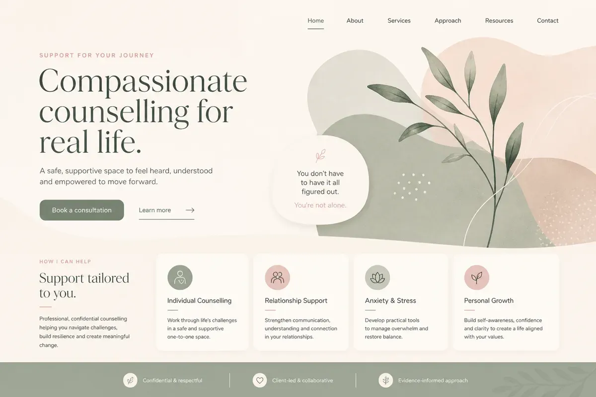 Homepage of the FRM Counselling website built by FatLazyDog
